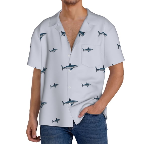 Susaid Party Shark Cute Print Men's Polo Shirts Button Down Short Sleeve Casual Summer Beach Vintage Shirts for Men-4X-Large