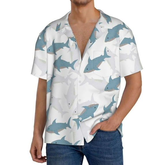 Susaid Party Shark Cute Print Men's Polo Shirts Button Down Short Sleeve Casual Summer Beach Vintage Shirts for Men-4X-Large