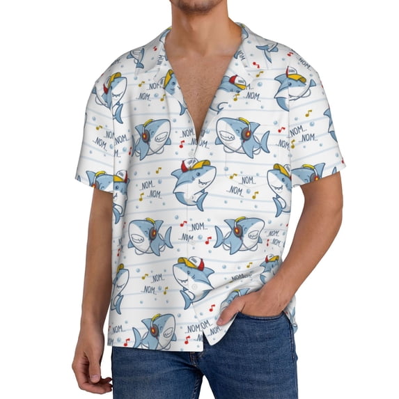 Susaid Party Shark Cute Print Men's Polo Shirts Button Down Short Sleeve Casual Summer Beach Vintage Shirts for Men-Small