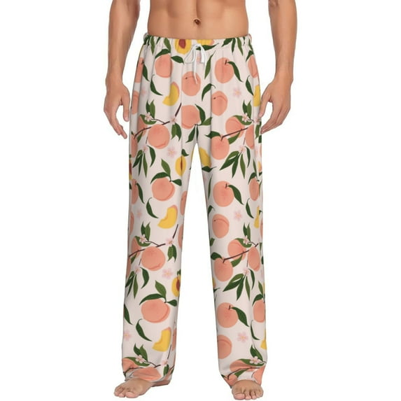Susaid Peach With Leaves1 Print Mens Pajama Pants Set Sleep & Lounge Pants, PJ Bottoms with Pockets and Button Fly-Small