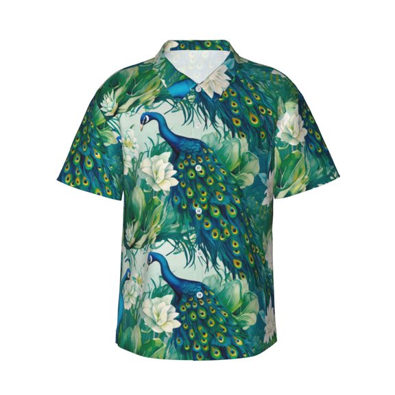 Susaid Peacock And Flowers Print Short Sleeve Shirts Button Down Casual Shirts Summer Beach Aloha Button Down Short Sleeve for Men ,XX-Large