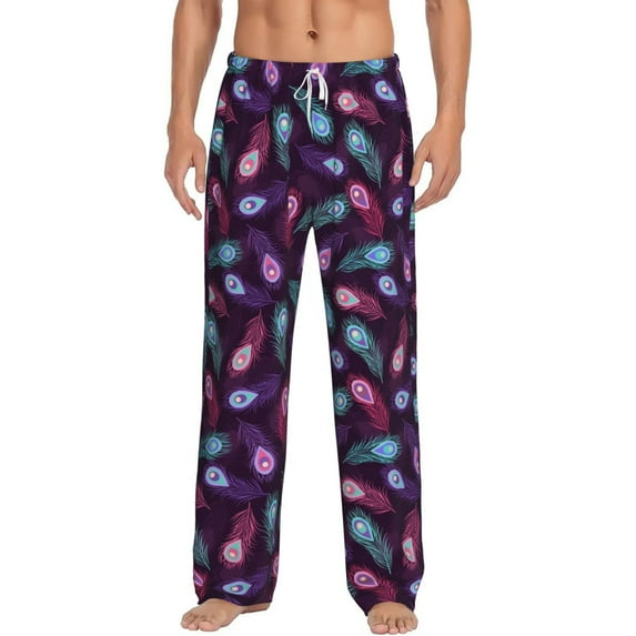 Susaid Peacock Feathers3 Print Mens Pajama Pants Set Sleep & Lounge Pants, PJ Bottoms with Pockets and Button Fly-3X-Large