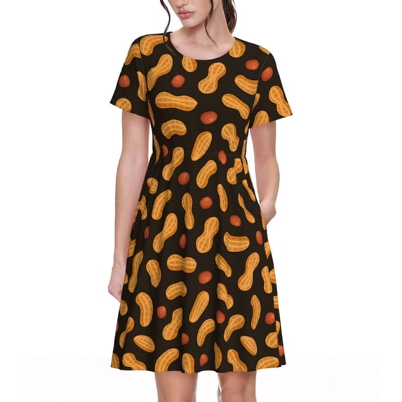 Susaid Peanuts5 Pattern Women's Casual Floral Print Crewneck Short Sleeve A Line Boho Maxi Dress