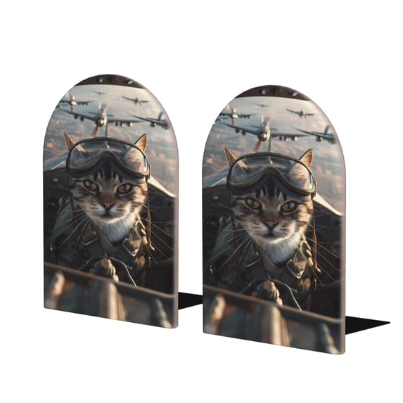 Susaid Pilot Cat In Vintage Plane Print Wooden Bookends Decorative Book Ends for Shelves Heavy Books Holder Organizer Non-Slip Desk Book End for Kids Room Office School 1 Pairs