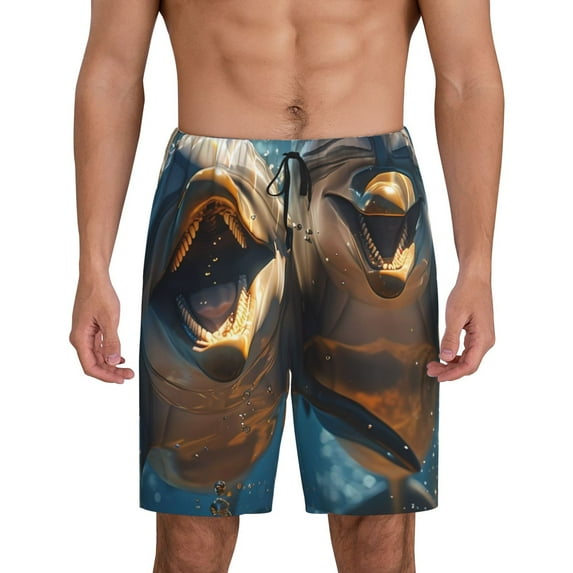 Susaid Playful Dolphins Underwater Print Mens Shorts, Breathable Lounge Sleepwear Set with Elastic Waistband and Pockets-X-Large