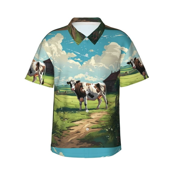 Susaid Prairie Pasture Cow Print Short Sleeve Shirts Button Down Casual Shirts Summer Beach Aloha Button Down Short Sleeve for Men ,X-Large