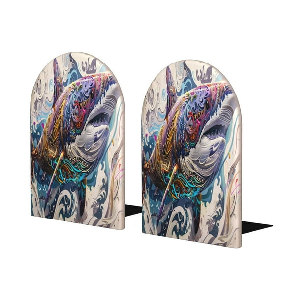 Susaid Psychedelic Shark Artwork Print Wooden Bookends Decorative Book Ends for Shelves Heavy Books Holder Organizer Non-Slip Desk Book End for Kids Room Office School 1 Pairs