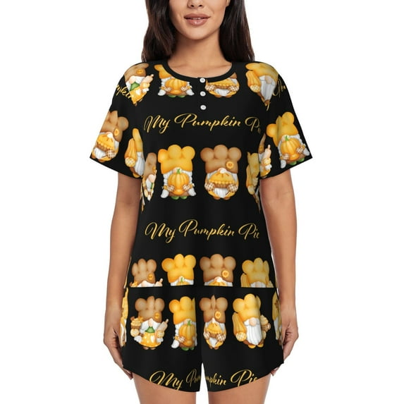 Susaid Pumpkin Pie Gnome Print Women's Pajama Set, Button-Up Sleepwear with Elastic Waist Shorts, Perfect for Lounging, Yoga, Beach, and Casual Wear-XX-Large