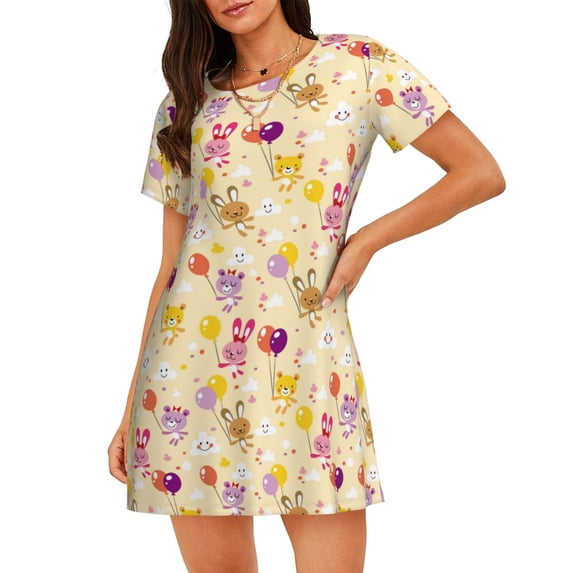 Susaid Rabbit And Balloon Pattern Sleep Shirts for Women Short Sleeve Night Shirts for Sleeping Pullover Nightgown Soft Nightdress