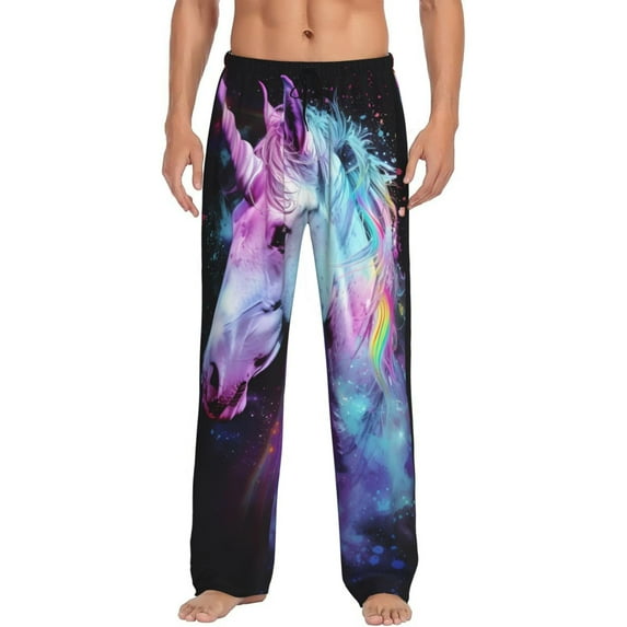 Susaid Rainbow Spotted White Horse Print Mens Pajama Pants Set Sleep & Lounge Pants, PJ Bottoms with Pockets and Button Fly-Large