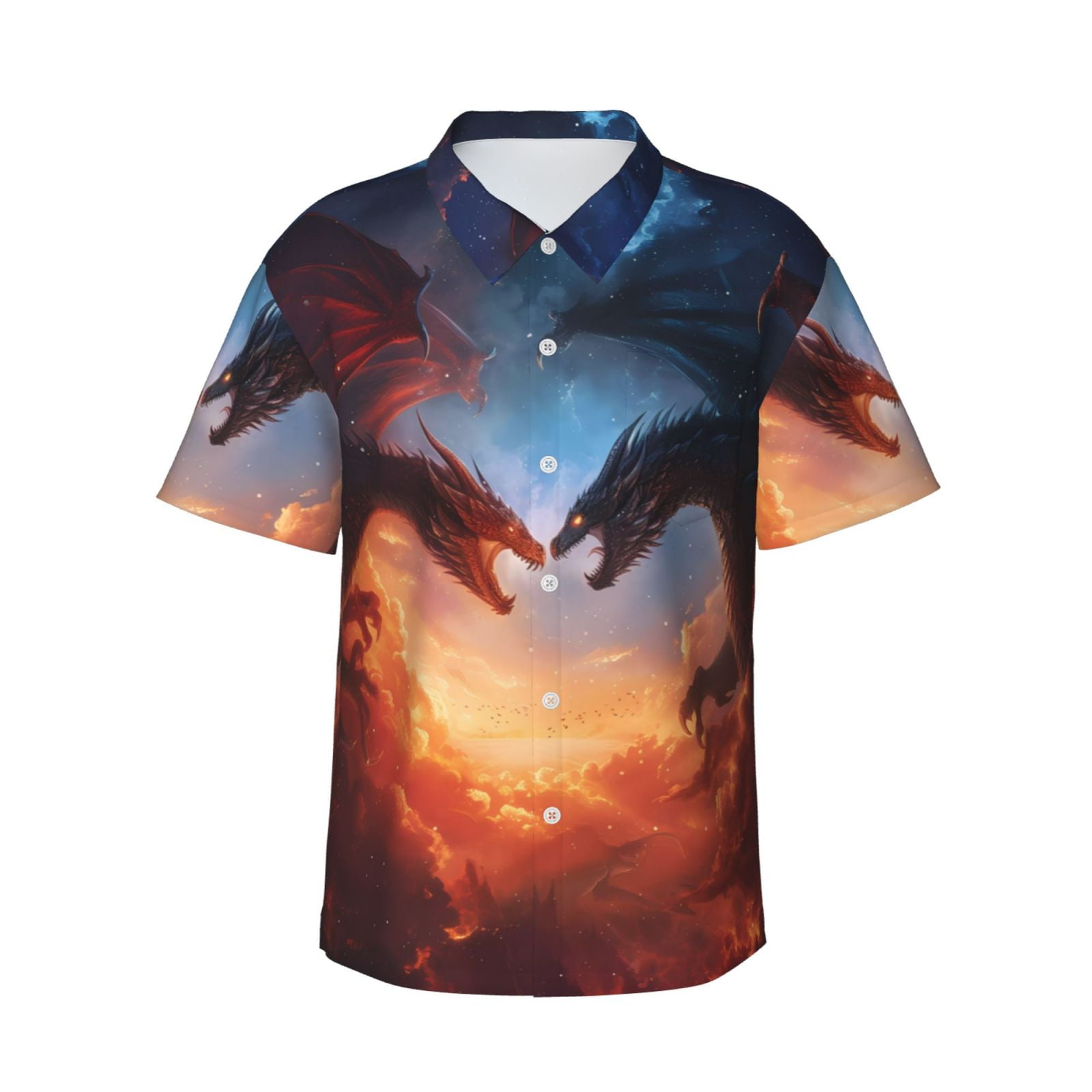Susaid Red And Blue Fire Cloud Dragon Print Short Sleeve Shirts Button ...