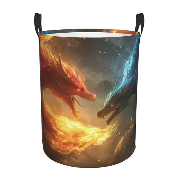 Susaid Red And Blue Fire Dragon B Print Waterproof Oxford Cloth Storage Circular Laundry Hamper BasketCapacity for Home-Small