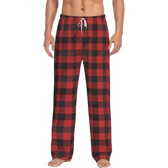 Susaid Red Black Plaid Print Mens Pajama Pants Set Sleep & Lounge Pants, PJ Bottoms with Pockets and Button Fly-Small