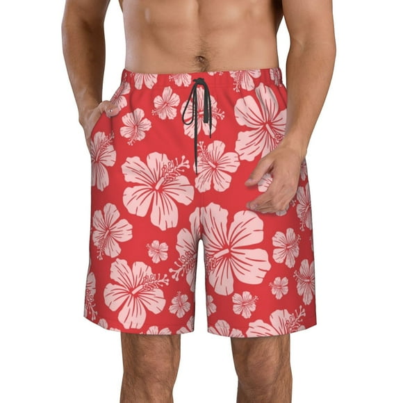 Susaid Red Hibiscus Flower Print Men's Swim Trunks Hawaiian Bathing Mesh Lining Suit Swimsuits Beach Shorts with Pockets-3X-Large