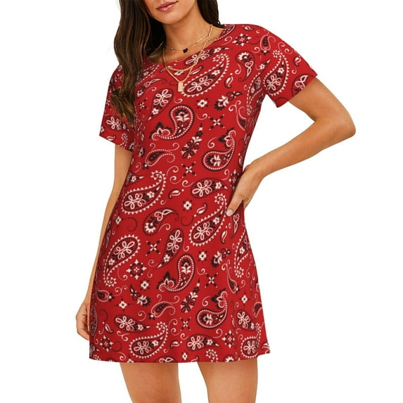Susaid Red Paisley Floral Pattern Sleep Shirts for Women Short Sleeve Night Shirts for Sleeping Pullover Nightgown Soft Nightdress