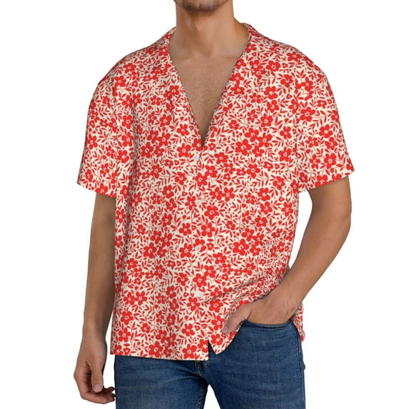 Susaid Red Pretty Flowers Print Men's Polo Shirts Button Down Short Sleeve Casual Summer Beach Vintage Shirts for Men-XX-Large
