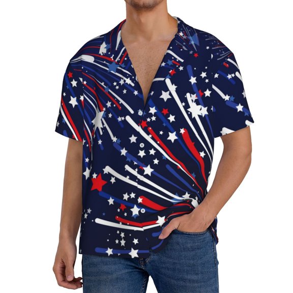 Susaid Red White Blue Fireworks 1 Print Men's Polo Shirts Button Down Short Sleeve Casual Summer Beach Vintage Shirts for Men-X-Large