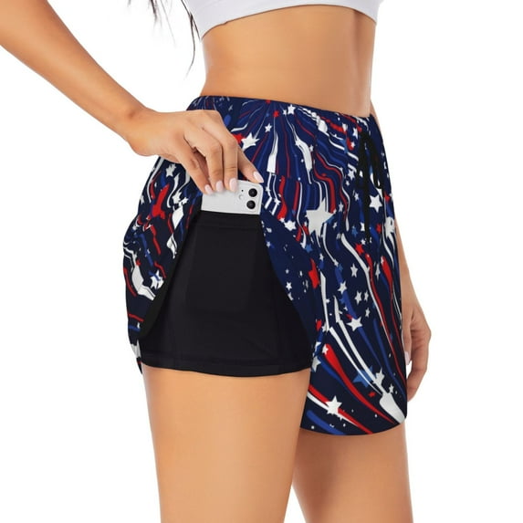 Susaid Red White Blue Fireworks 1 Print Women's High Waisted Running Shorts Quick Dry Athletic Gym Track Workout Shorts Zip Pocket-X-Large