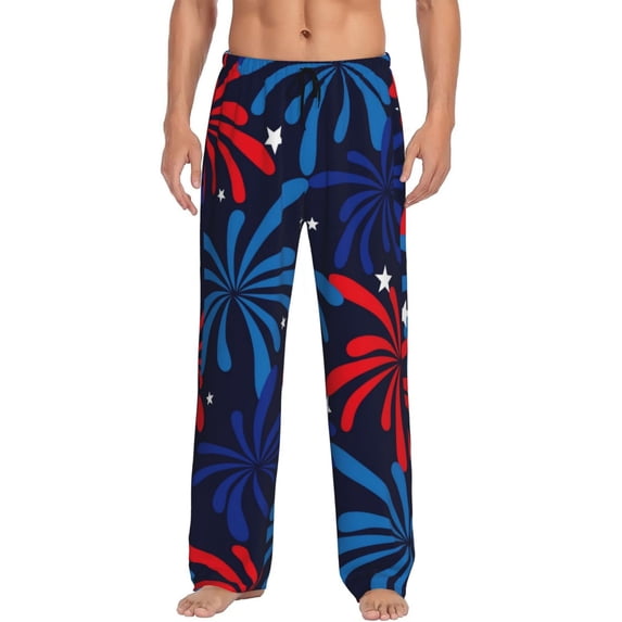 Susaid Red White Blue Fireworks Print Mens Pajama Pants Set Sleep & Lounge Pants, PJ Bottoms with Pockets and Button Fly-Small