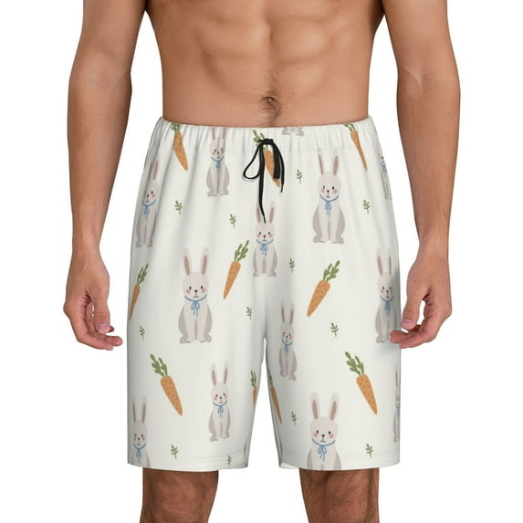 Susaid Retro Rabbit Print Mens Shorts, Breathable Lounge Sleepwear Set with Elastic Waistband and Pockets-Small