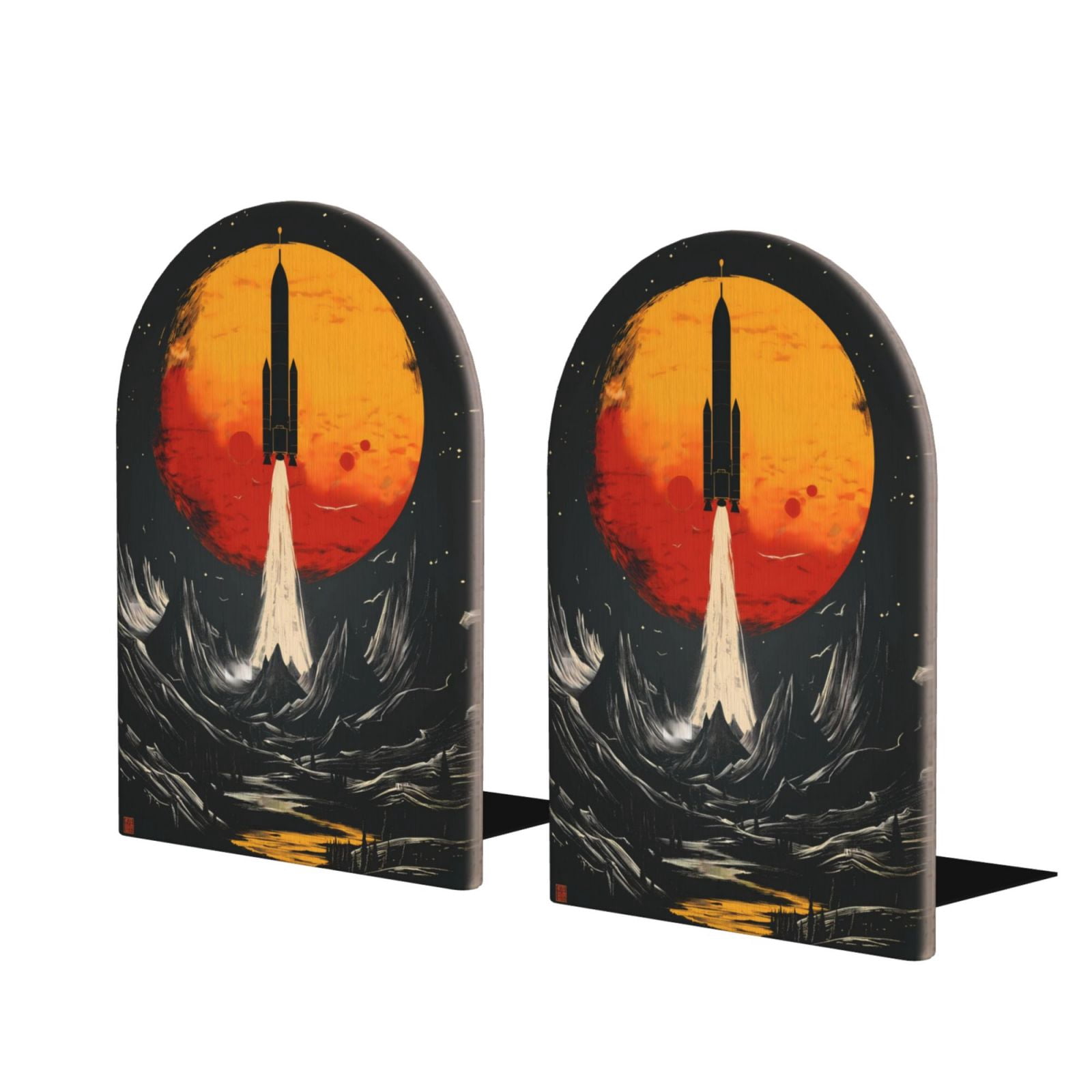 Rocket Bookends Susaid Retro Space Rocket Launch Print Wooden Bookends Decorative Book ...