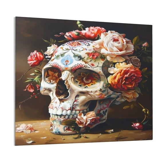 Susaid Rose Floral Skull Pattern Canvas Wall Decor Poster Framed Artwork Decoration for Bedroom Home Office Ready to Hang,Horizontal