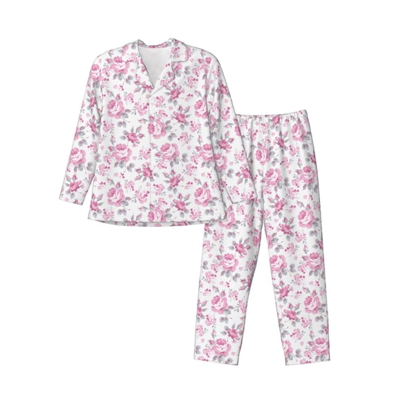 Susaid Rose Flowers Print Men's Long Sleeve Pajama Set, Two-Piece Button-Down Loungewear PJs Set, Comfortable Sleepwear for Relaxation-Large