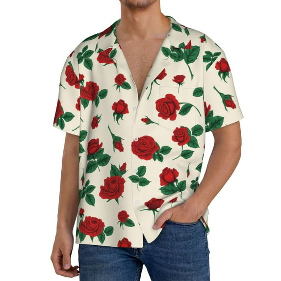 Susaid Rose Flowers Print Men's Polo Shirts Button Down Short Sleeve Casual Summer Beach Vintage Shirts for Men-4X-Large