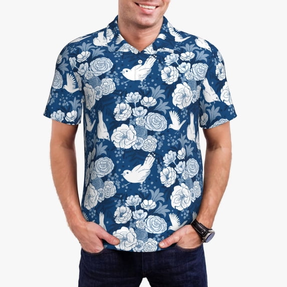 Susaid Rose Flowers Print Men's Short Sleeve Polo Shirt, Golf Shirts for Men, Business Casual Polos-Large