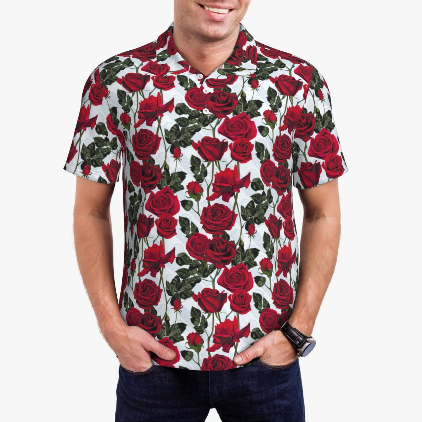 Pink Rose Floral Pattern Print Men's Golf Shirts