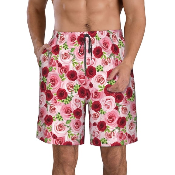 Susaid Rose Flowers Print Men's Swim Trunks Hawaiian Bathing Mesh Lining Suit Swimsuits Beach Shorts with Pockets-X-Large