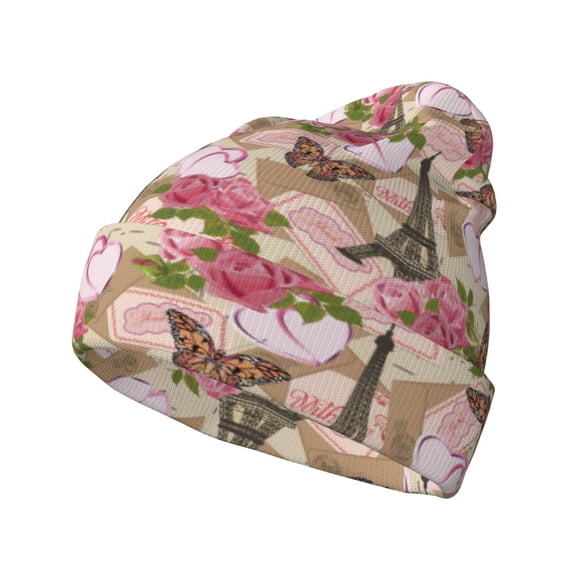 Susaid Rose Flowers Print Winter Beanie for Men Women, Lined Beanie Soft Warm Knit Hat Ski Cuffed Cap