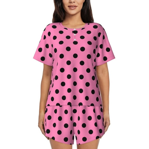 Susaid Rose red polka dots Print Women's Pajama Set, Button-Up Sleepwear with Elastic Waist Shorts, Perfect for Lounging, Yoga, Beach, and Casual Wear-Large