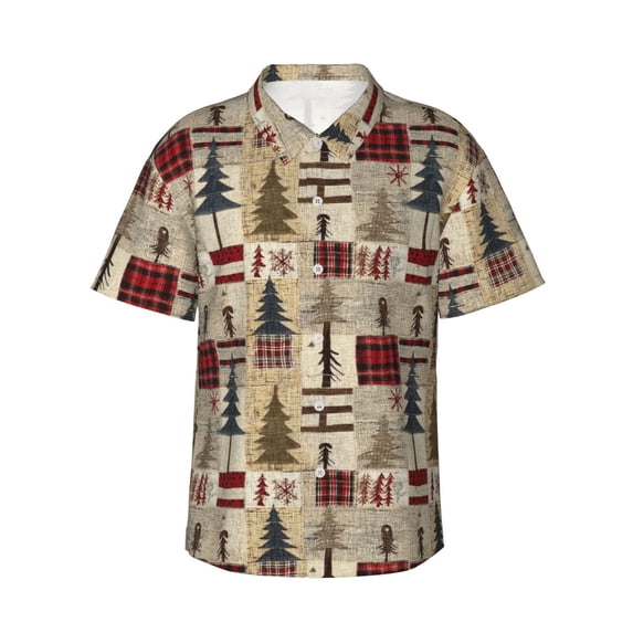 Susaid Rustic Plaid Forest Lodge Print Short Sleeve Shirts Button Down Casual Shirts Summer Beach Aloha Button Down Short Sleeve for Men ,X-Large