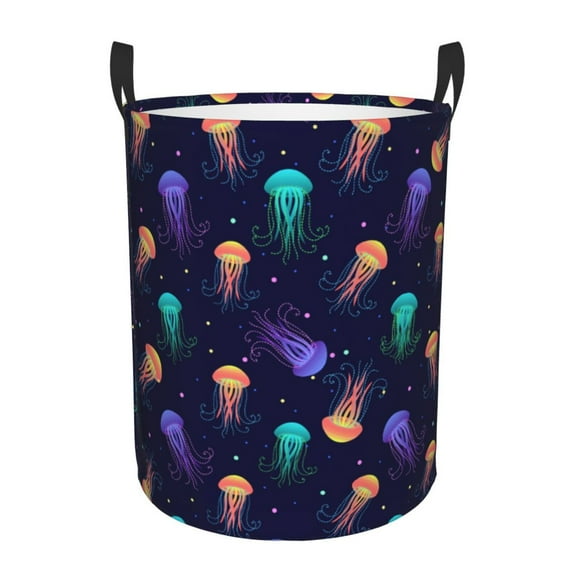 Susaid Sea Jellyfish Print Waterproof Oxford Cloth Storage Circular Laundry Hamper BasketCapacity for Home-Medium