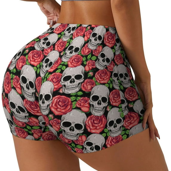 Susaid Skull and Roses Print Intensify Workout Shorts for Women Seamless Scrunch Short Gym Yoga Running Sport Active Exercise Fitness Shorts-Large