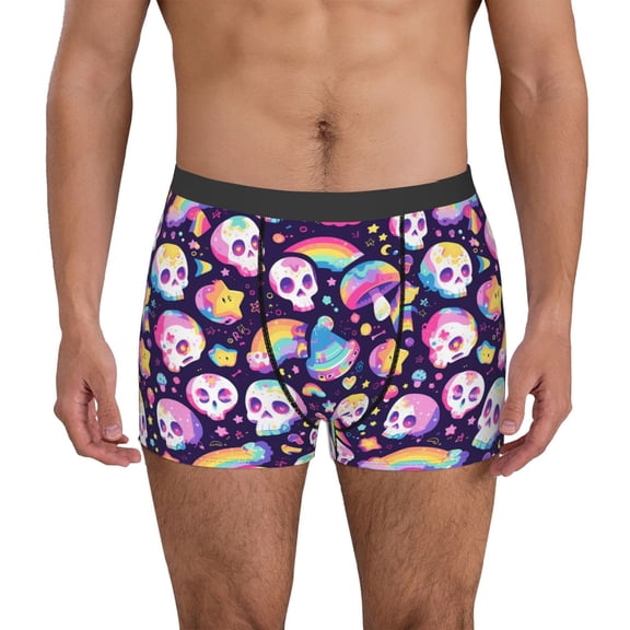 Susaid Skull colorful mushroom rainbow Print Men's Mesh Boxer Briefs Cooling Breathable Sports Underwear Wide Waistband Boxer Briefs W/Fly-Medium