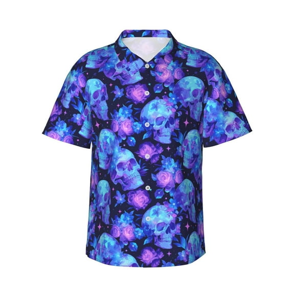 Susaid Skull flower star sky Print Short Sleeve Shirts Button Down Casual Shirts Summer Beach Aloha Button Down Short Sleeve for Men ,