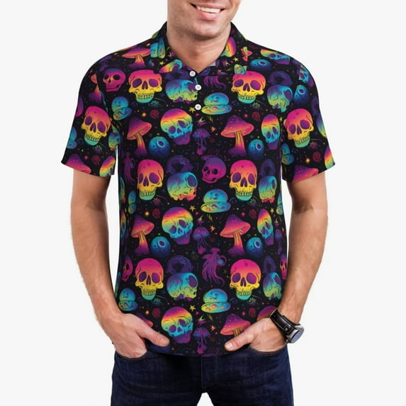 Susaid Skull mushroom colorful Print Men's Short Sleeve Polo Shirt, Golf Shirts for Men, Business Casual Polos-Small