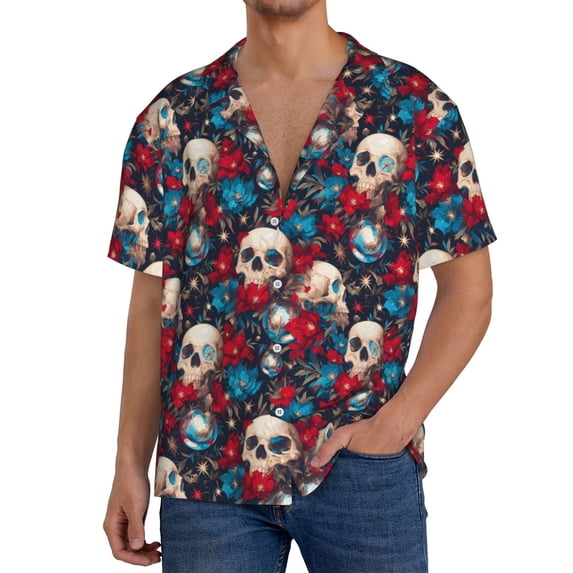 Susaid Skull red flower blue Print Men's Polo Shirts Button Down Short Sleeve Casual Summer Beach Vintage Shirts for Men-4X-Large