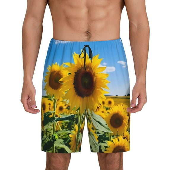 Susaid Sky Golden Sunflower Field B Print Mens Shorts, Breathable Lounge Sleepwear Set with Elastic Waistband and Pockets-Medium