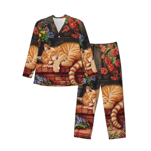 Susaid Sleeping Cat Flowers Print Men's Long Sleeve Pajama Set, Two-Piece Button-Down Loungewear PJs Set, Comfortable Sleepwear for Relaxation-X-Large