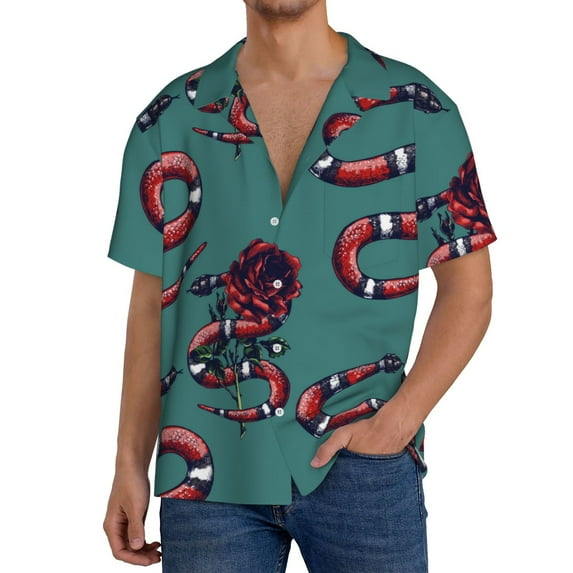 Susaid Snake And Rose Print Men's Polo Shirts Button Down Short Sleeve Casual Summer Beach Vintage Shirts for Men-Small