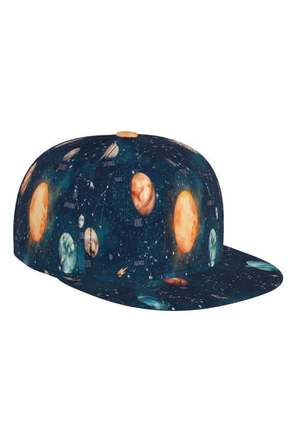 Solar System And Planets Print Baseball Cap Hip Hop Style Flat Visor Adjustable Outdoor Cap Unisex Adjustable Breathable