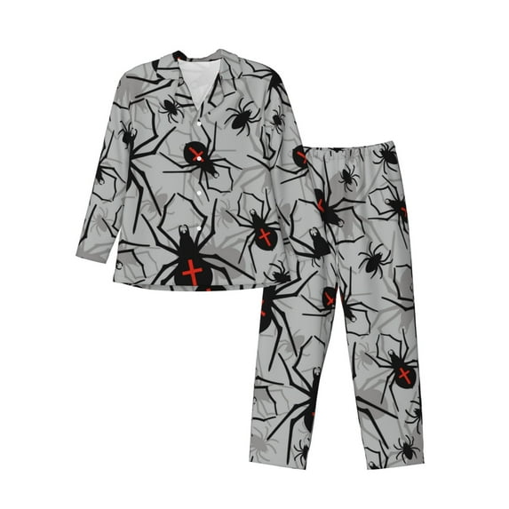 Susaid Spiders Print Men's Long Sleeve Pajama Set, Two-Piece Button-Down Loungewear PJs Set, Comfortable Sleepwear for Relaxation-X-Large