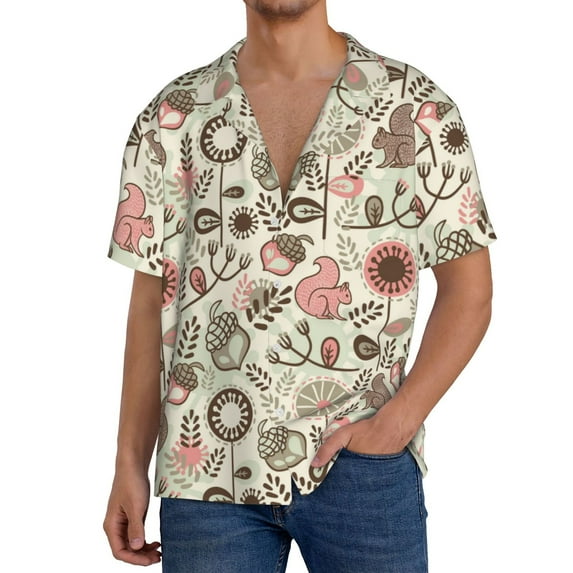 Susaid Squirrel In The Forest Print Men's Polo Shirts Button Down Short Sleeve Casual Summer Beach Vintage Shirts for Men-XX-Large
