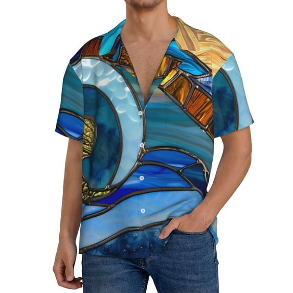 Susaid Stained Glass Ocean Wave Print Men's Polo Shirts Button Down Short Sleeve Casual Summer Beach Vintage Shirts for Men-Medium