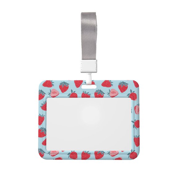 Susaid Strawberries Print ID Badge Holder with Double-Sided Windows Horizontal Hard Plastic Case Black Card Protector Pouch for Office School ID Credit Cards