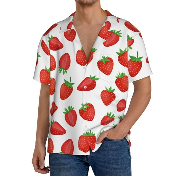 Susaid Strawberries Print Men's Polo Shirts Button Down Short Sleeve Casual Summer Beach Vintage Shirts for Men-3X-Large