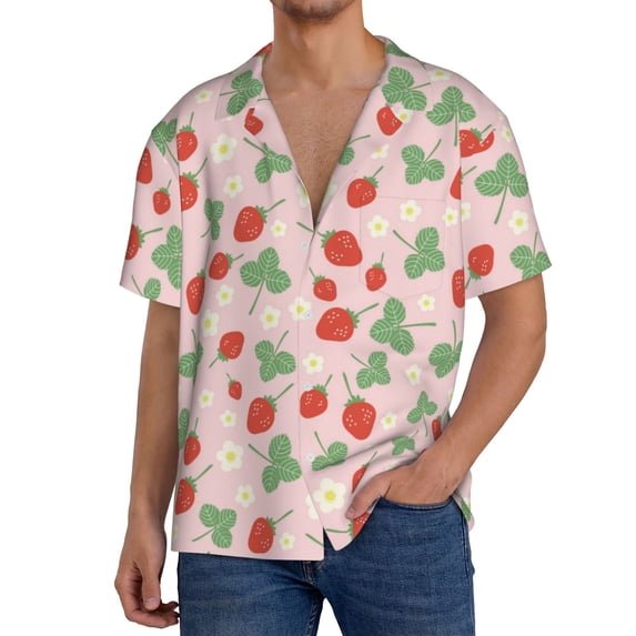 Susaid Strawberry And Flowers Print Men's Polo Shirts Button Down Short Sleeve Casual Summer Beach Vintage Shirts for Men-4X-Large